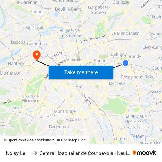 Noisy-Le-Sec to Centre Hospitalier de Courbevoie - Neuilly-Sur-Seine map