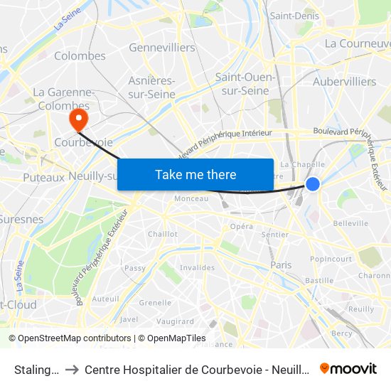 Stalingrad to Centre Hospitalier de Courbevoie - Neuilly-Sur-Seine map