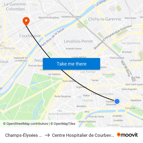 Champs-Élysées - Clemenceau to Centre Hospitalier de Courbevoie - Neuilly-Sur-Seine map