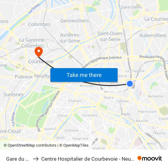 Gare du Nord to Centre Hospitalier de Courbevoie - Neuilly-Sur-Seine map
