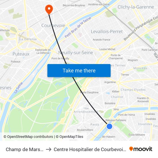 Champ de Mars Tour Eiffel to Centre Hospitalier de Courbevoie - Neuilly-Sur-Seine map