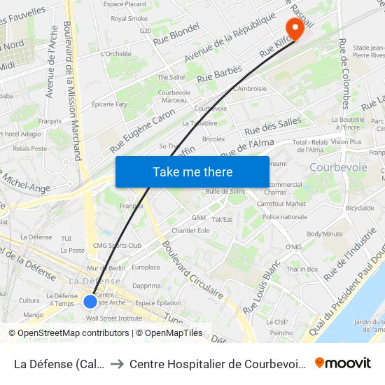 La Défense (Calder - Miro) to Centre Hospitalier de Courbevoie - Neuilly-Sur-Seine map