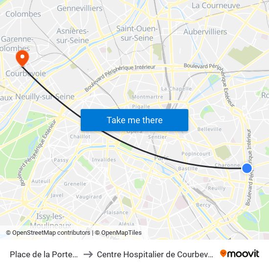 Place de la Porte de Montreuil to Centre Hospitalier de Courbevoie - Neuilly-Sur-Seine map