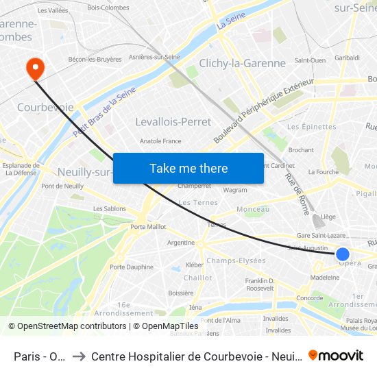 Paris - Opéra to Centre Hospitalier de Courbevoie - Neuilly-Sur-Seine map