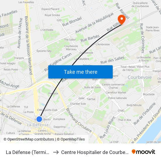 La Défense (Terminal Jules Verne) to Centre Hospitalier de Courbevoie - Neuilly-Sur-Seine map
