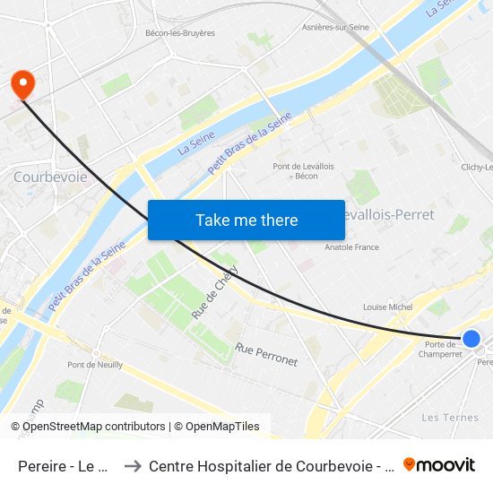 Pereire - Le Chatelier to Centre Hospitalier de Courbevoie - Neuilly-Sur-Seine map