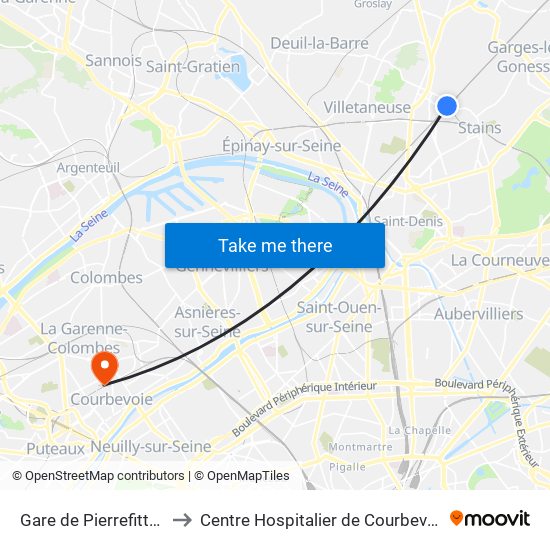 Gare de Pierrefitte - Stains RER to Centre Hospitalier de Courbevoie - Neuilly-Sur-Seine map