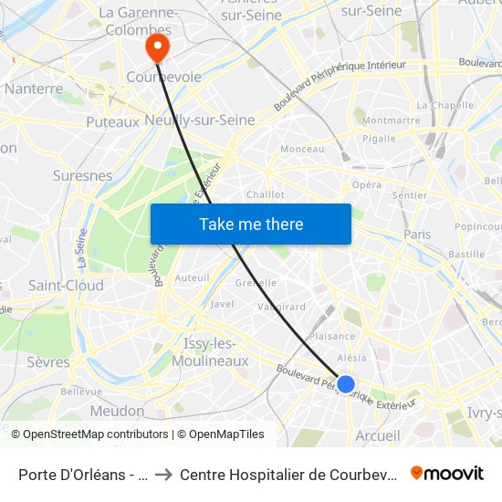 Porte D'Orléans - Ernest Reyer to Centre Hospitalier de Courbevoie - Neuilly-Sur-Seine map