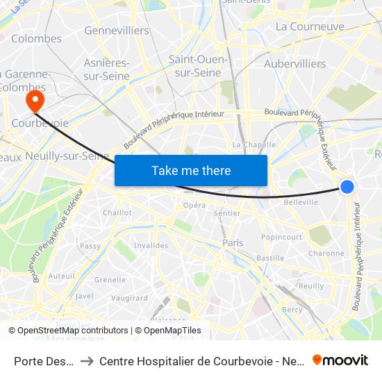 Porte Des Lilas to Centre Hospitalier de Courbevoie - Neuilly-Sur-Seine map