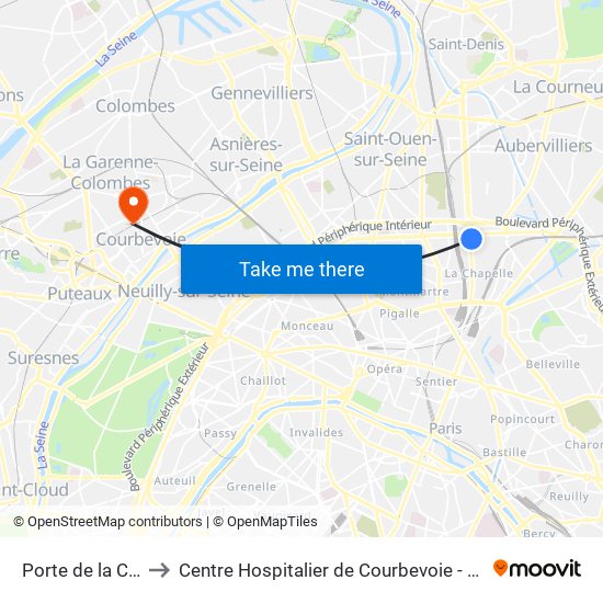 Porte de la Chapelle to Centre Hospitalier de Courbevoie - Neuilly-Sur-Seine map