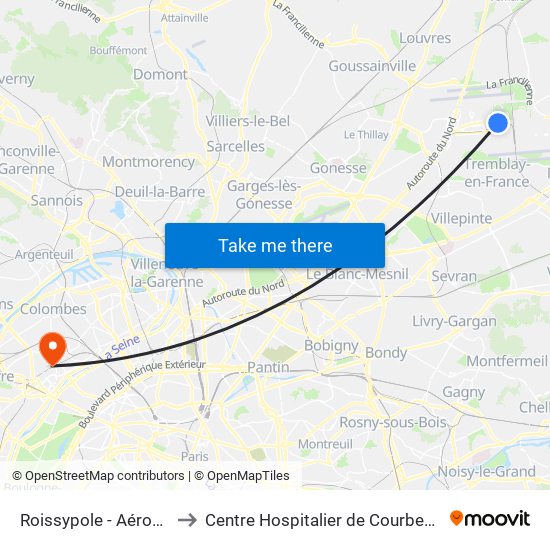 Roissypole - Aéroport Cdg1 (D1) to Centre Hospitalier de Courbevoie - Neuilly-Sur-Seine map