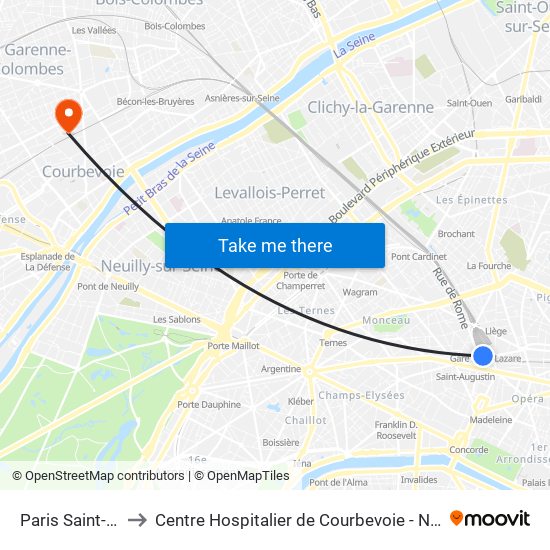 Paris Saint-Lazare to Centre Hospitalier de Courbevoie - Neuilly-Sur-Seine map