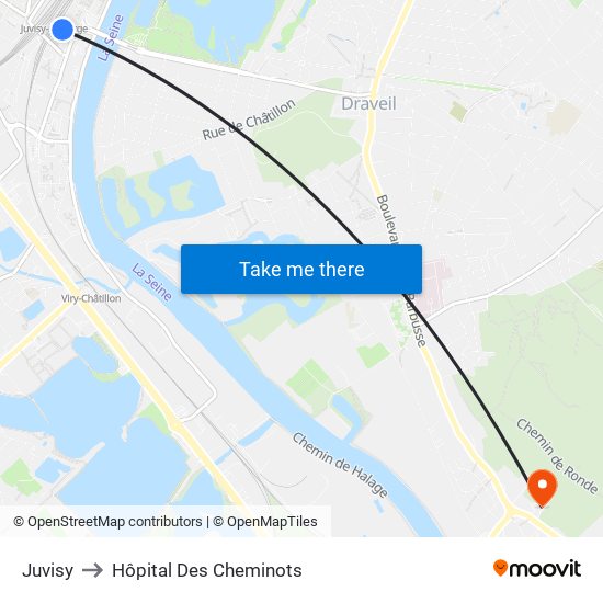 Juvisy to Hôpital Des Cheminots map