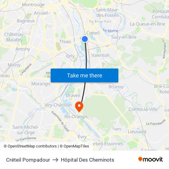 Créteil Pompadour to Hôpital Des Cheminots map