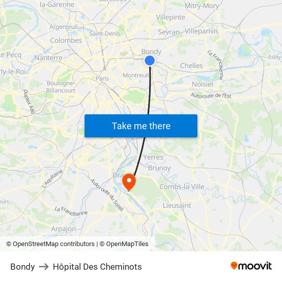 Bondy to Hôpital Des Cheminots map