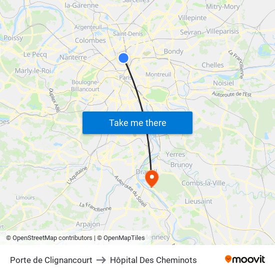 Porte de Clignancourt to Hôpital Des Cheminots map