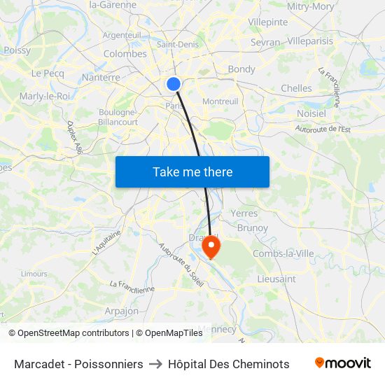 Marcadet - Poissonniers to Hôpital Des Cheminots map