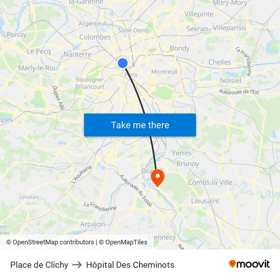 Place de Clichy to Hôpital Des Cheminots map