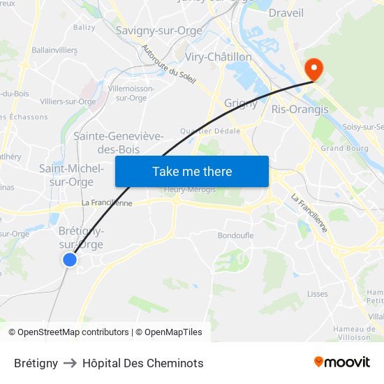 Brétigny to Hôpital Des Cheminots map