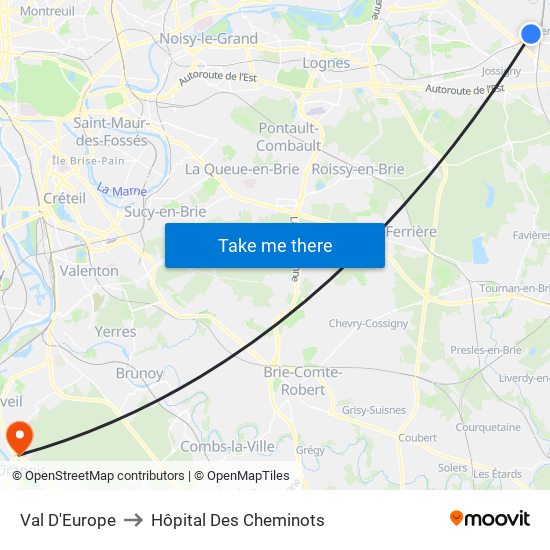 Val D'Europe to Hôpital Des Cheminots map