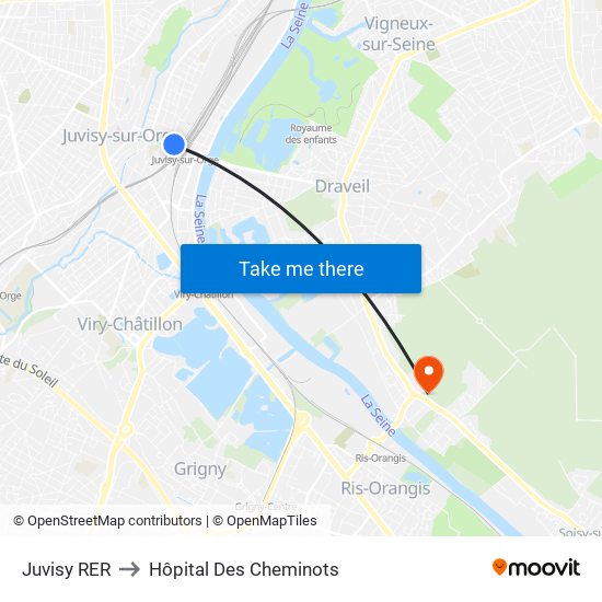 Juvisy RER to Hôpital Des Cheminots map