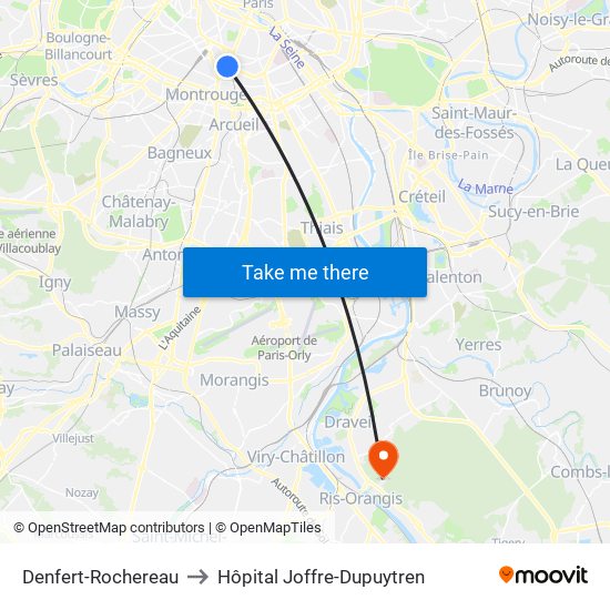 Denfert-Rochereau to Hôpital Joffre-Dupuytren map