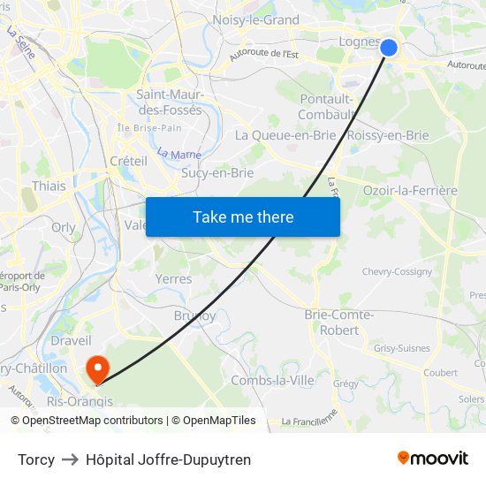 Torcy to Hôpital Joffre-Dupuytren map