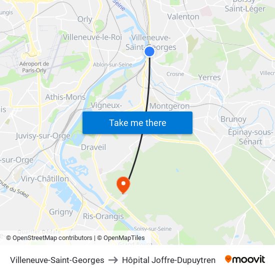 Villeneuve-Saint-Georges to Hôpital Joffre-Dupuytren map