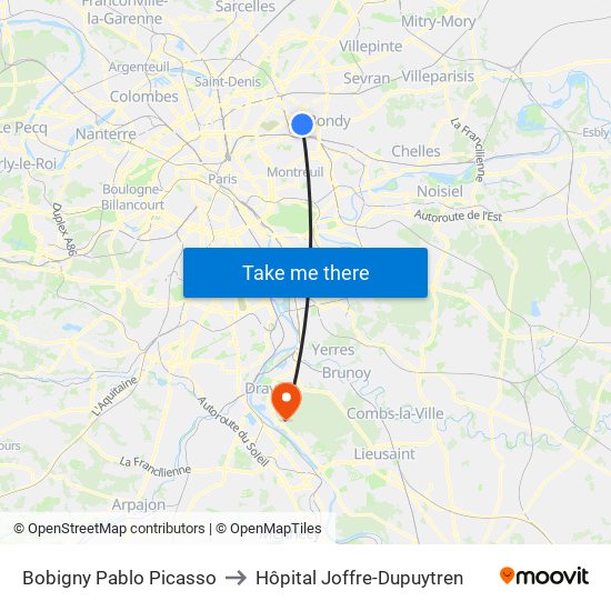 Bobigny Pablo Picasso to Hôpital Joffre-Dupuytren map