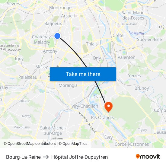 Bourg-La-Reine to Hôpital Joffre-Dupuytren map