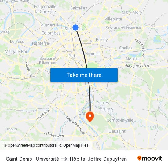 Saint-Denis - Université to Hôpital Joffre-Dupuytren map