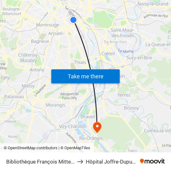 Bibliothèque François Mitterrand to Hôpital Joffre-Dupuytren map