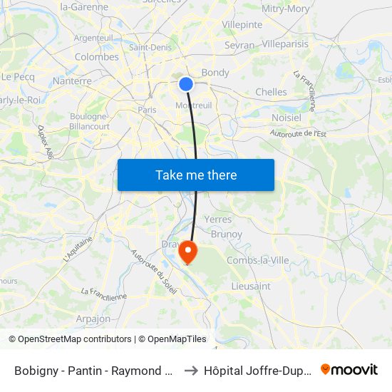 Bobigny - Pantin - Raymond Queneau to Hôpital Joffre-Dupuytren map