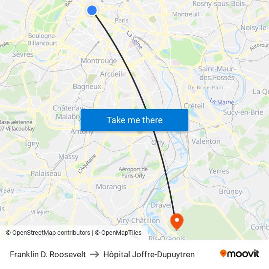 Franklin D. Roosevelt to Hôpital Joffre-Dupuytren map