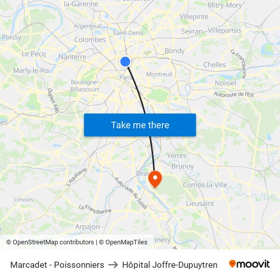 Marcadet - Poissonniers to Hôpital Joffre-Dupuytren map