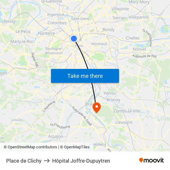 Place de Clichy to Hôpital Joffre-Dupuytren map