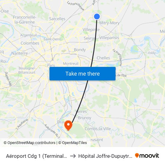 Aéroport Cdg 1 (Terminal 3) to Hôpital Joffre-Dupuytren map