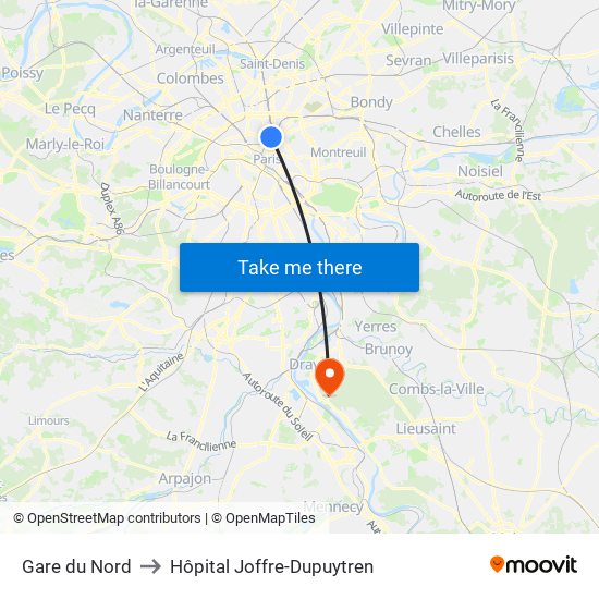 Gare du Nord to Hôpital Joffre-Dupuytren map