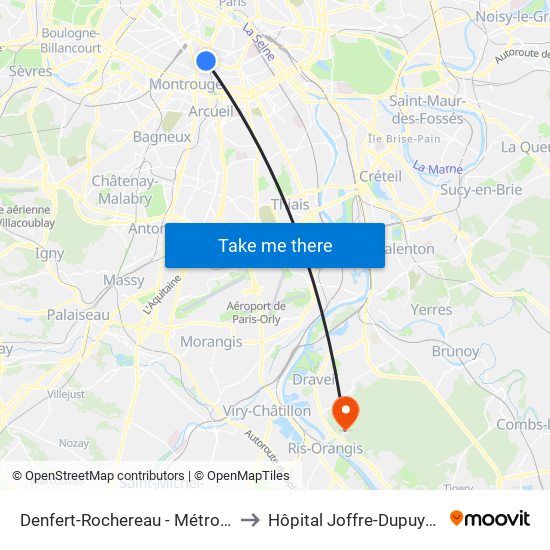 Denfert-Rochereau - Métro-Rer to Hôpital Joffre-Dupuytren map