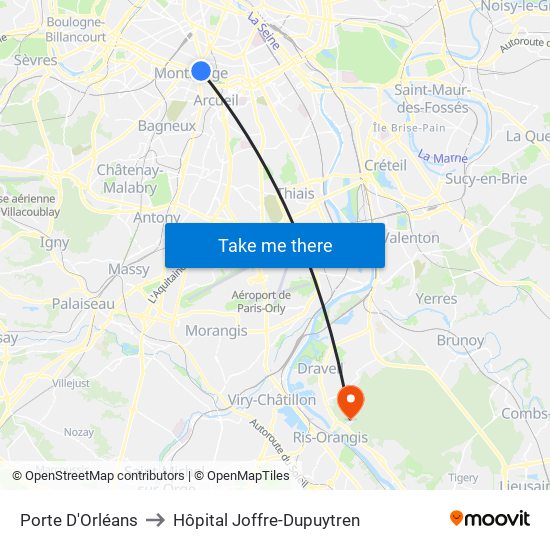 Porte D'Orléans to Hôpital Joffre-Dupuytren map