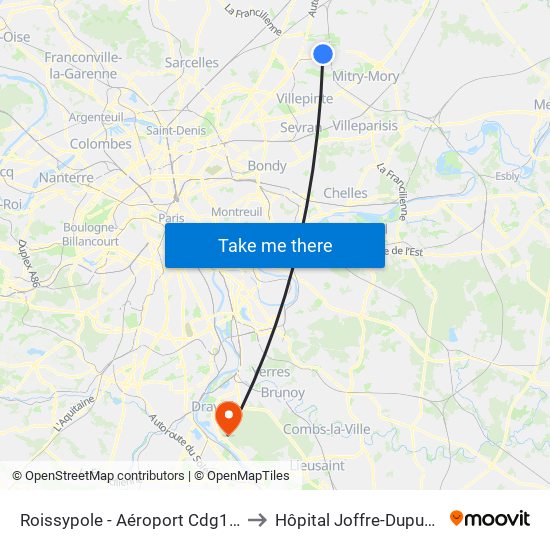Roissypole - Aéroport Cdg1 (G1) to Hôpital Joffre-Dupuytren map