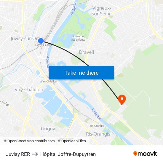 Juvisy RER to Hôpital Joffre-Dupuytren map