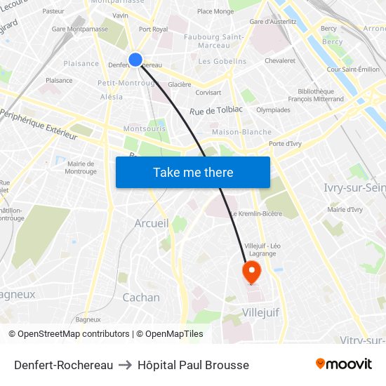 Denfert-Rochereau to Hôpital Paul Brousse map