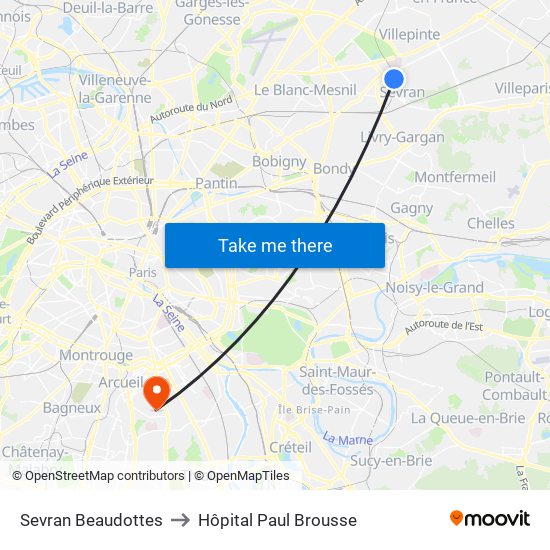 Sevran Beaudottes to Hôpital Paul Brousse map