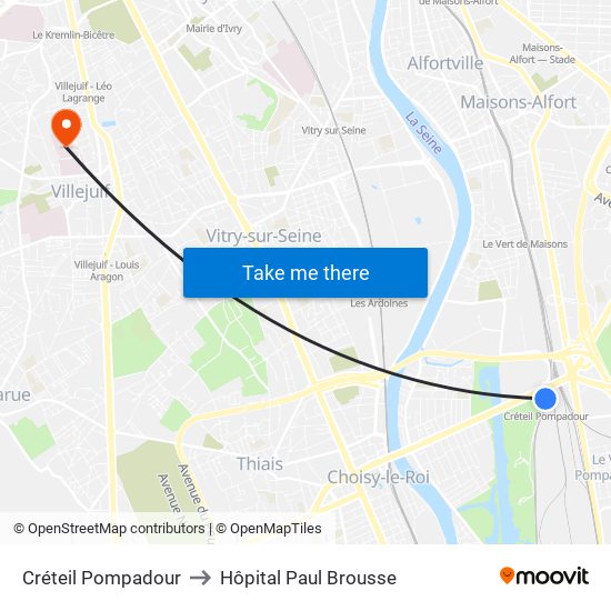 Créteil Pompadour to Hôpital Paul Brousse map