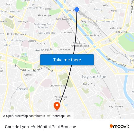 Gare de Lyon to Hôpital Paul Brousse map