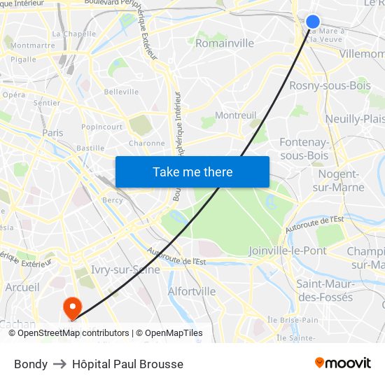 Bondy to Hôpital Paul Brousse map