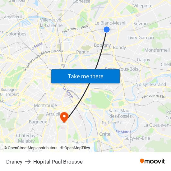 Drancy to Hôpital Paul Brousse map