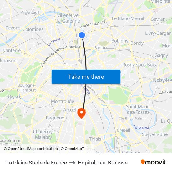 La Plaine Stade de France to Hôpital Paul Brousse map