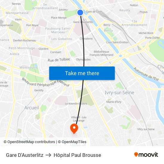 Gare D'Austerlitz to Hôpital Paul Brousse map